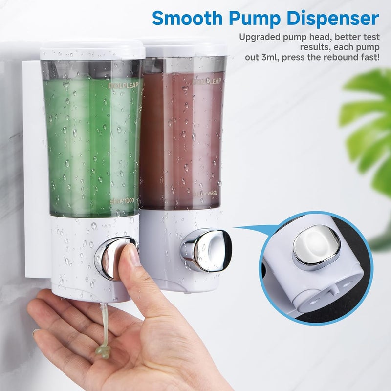 DOLPLEAP Shampoo Conditioner Body Wash Dispenser No Drill Shower Soap Dispenser Wall Mounted Shampoo Dispenser 2 Chamber with Upgrade Pump Head Bathroom Soap Dispenser 450ml/Each White - Image 2